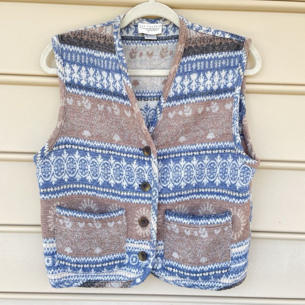 Vintage Van Heuson Wool Blend Button Up Vest Brown Blue 90s - Size S